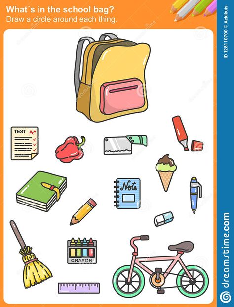 Illustration about What´s in the school bag? Draw a circle around each thing. - Worksheet for education. Illustration of count, draw, direction - 128110700 My School Bag Worksheet, School Bag Drawing, What's In My School Bag, English Portfolio, Evs Worksheet, 1st Grade Reading Worksheets, Student Clipart, School Objects, Classroom Objects