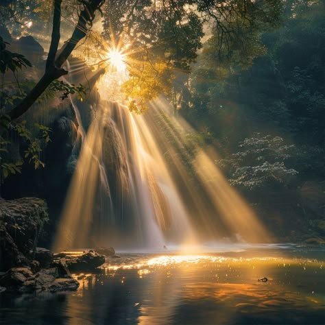 👉 If Like, please Follow & Share AI Graphics Studio Prompt 👉Sun shining through trees over waterfall, rocks, painting, by Franz Hegi, winner of unsplash contest, ethereal lighting - h 1024, holy rays of spiritual light, water reflecting sunlight, morning sunrise, in serene forest setting, f / 2 0, very beautiful], incredible beautiful wallpaper] 👇Contact on WhatsAPP: http://tiny.cc/aigraphicsstudio #aigraphicsstudio #AI #DigitalMarketing #digitalartist #digitalart #digital #creativephotograp... Sunlight Shining Through Trees, God Rays Sunlight, Light Shining Through Trees, Light Through Water, Light Reflection Photography, Sun Reflection On Water, Lights In Forest, Water Reflection Painting, Sun Shining Through Trees