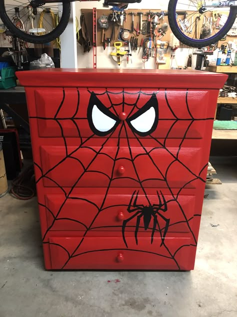 Diy Superhero Room Decor, Spiderman Nightstand, Spiderman Dresser Diy, Marvel Dresser Diy, Disney Themed Furniture, Spider Man Dresser Diy, Painted Dresser Design, Spiderman Drawer, Spiderman House Decor