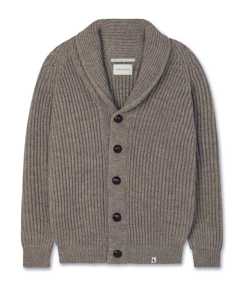 A 100% Merino wool ribbed cardigan in a chunky knit. This men's classic wardrobe staple is finished with signature button fastenings, a cosy shawl neck and raglan sleeve. Aran Jumper, Thick Cardigan, Man Dressing Style, Classic Wardrobe Staples, Merino Wool Yarn, Wool Wash, Peregrine, Collar Cardigan, Chunky Knit Cardigan