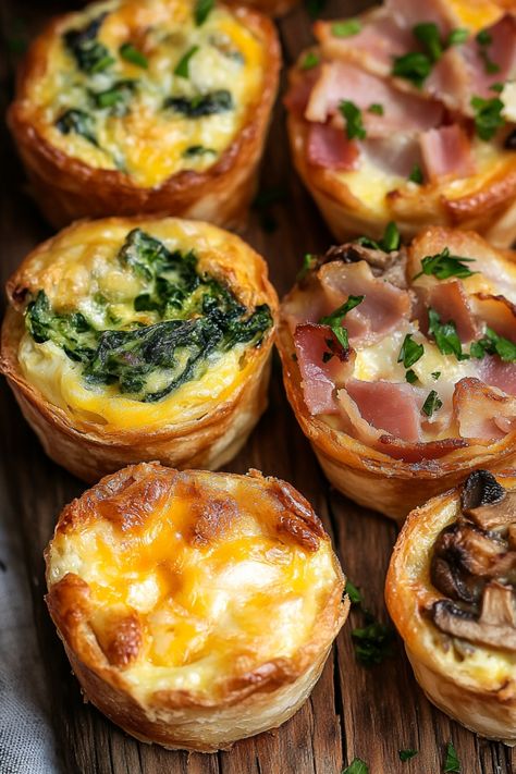 Savoury Dishes For Parties, Gouda Quiche Recipes, Savoury Quiche Recipes, Muffin Cup Quiche Recipes, Small Batch Entrees, Mini Quiche Bites, Savory Brunch Bites, Breakfast Mini Quiche Recipes, Mini Crustless Quiche Recipes