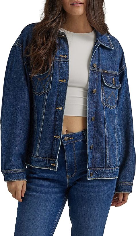 Wrangler Women's Relaxed Fit Girlfriend Denim Jacket 79% Cotton, 21% Recycled Cotton Imported Button closure Machine Wash RELAXED FIT. No closet is complete without a classic denim jacket. Featuring a relaxed fit for an oversized look, this jacket leaves room for sweaters and extra layers when temperatures drop. WARDROBE STAPLE. Perfect for between seasons and elevating your everyday look, Jacket Store, No Closet, Perfect Denim, Classic Denim Jacket, Ladies Dress, Wrangler Jeans, Denim Jacket Women, Workout Jacket, Denim Jackets