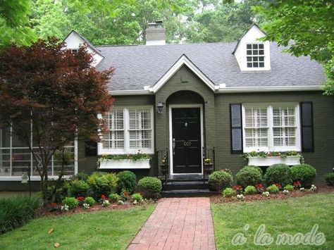 Sage Green House, Green Exterior Paints, Green Exterior House Colors, Green House Exterior, Green Front Doors, Painted Brick House, Black Shutters, Brick Exterior House, Exterior Paint Colors For House