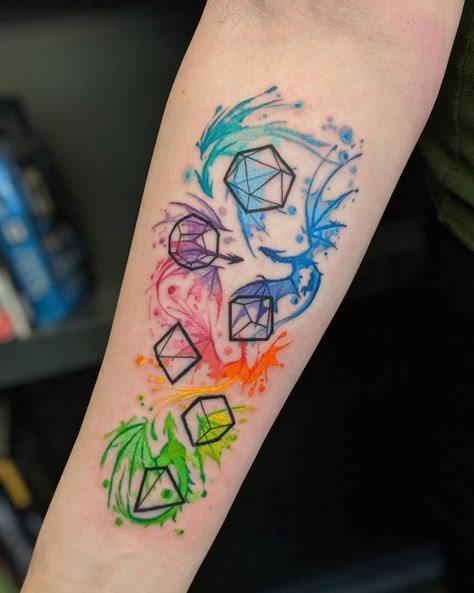 Alex Rodway on Instagram: “Whooooo wants to play Dungeons and Dragoooooonsssss?! Aw man, this was a fun project I got to do today. Thanks for being a cool nerd,…” Tesseract Tattoo, Dnd Tattoo, Dice Tattoo, Nerdy Tattoos, Nerd Tattoo, Fantasy Tattoos, Geek Tattoo, D Tattoo, Tatuaje A Color