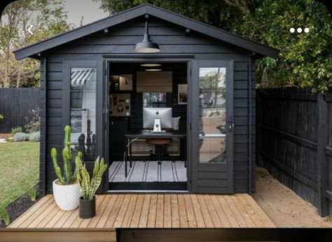 She Shed Office, Black Shed, Office Shed, She Shed Ideas, Shed Office, Studio Shed, Backyard House, Backyard Studio, Black Barn