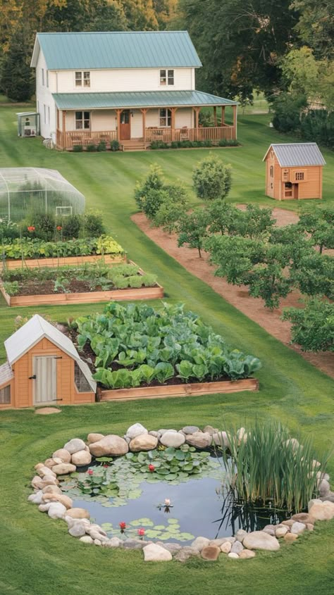 Easy one-acre homestead design featuring a farmhouse, vegetable garden, chicken coop, orchard, and a small pond. Perfect for beginner homesteaders! Vegetable Garden Homestead, Greenhouse Duck Coop, Backyard Garden In Ground, Garden Orchard Design, Home On Acreage, Backyard Homestead Aesthetic, Garden With Orchard, Pond On Farm, 8 Acre Farm Layout