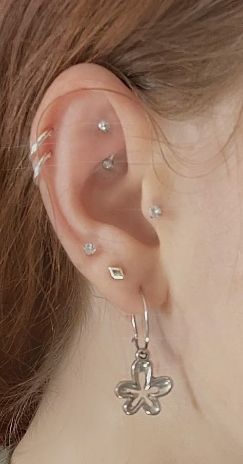 Tragus And Double Lobe Piercing, Helix Piercing Hoop Double, Ear Piercings Double Helix Studs, Tragus And Double Helix Piercing, Ear Piercings Cartilage Hoop, Double Helix And Tragus Piercing, Double Helix Piercings Ideas, Triple Lobe Styling, Double Hoop Cartilage Piercing