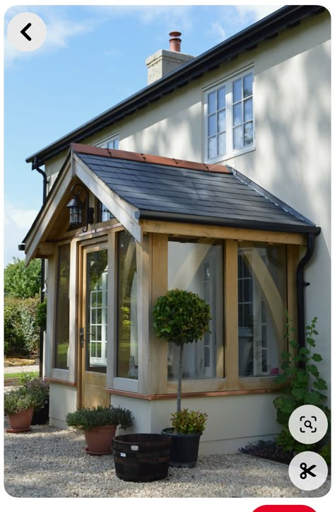 Oak Frame Porch Entrance, Timber Look Garage Door, Enclosed Oak Porch, Oak Windows Exterior, Arched Porch Entrance, Gable Porch Ideas, Cottage Entrance Exterior, Front Door Extension, Entry Extension