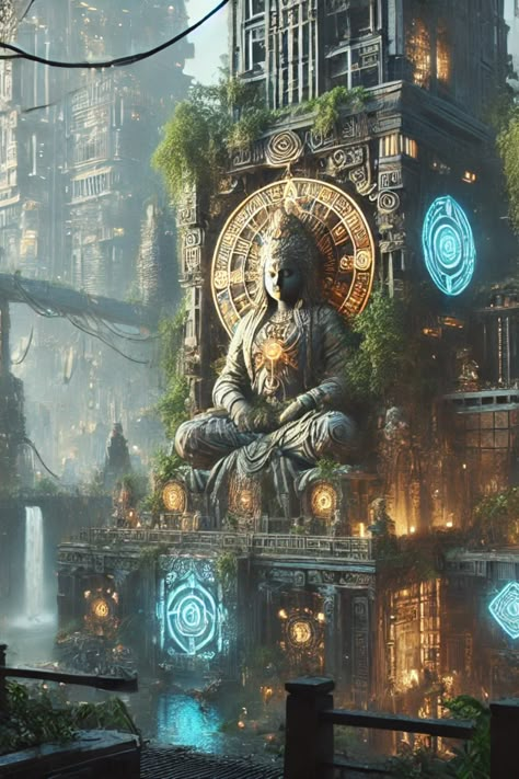 Step into a world where ancient cultural influences meet advanced technology. This cyberpunk ancient temple, set in a dystopian urban jungle, is a stunning blend of the old and new. Explore this captivating scene and download the image @ https://slaacr.com. Perfect for fans of futuristic and mystical art. Dystopian Earth Aesthetic, Alien Cities, Urban Fantasy Aesthetic, Utopia Art, Futuristic Civilization, Cool Fantasy Art, Jungle Images, Jungle Temple, Ancient Future