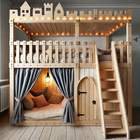 A fun DIY bunk bed with a built-in fort, complete with a slide, cozy lighting, and playful accents for endless imaginative play. Perfect for adventurous kids! Kids Bunk Bed With Slide, Diy House Bunk Bed, Bunk Bed Slide Diy, How To Make Bunk Beds, Bunkbed Boys Room, Bunkbed Boys Room Ideas, Bunk Beds With Slide, Sienna Bedroom, Bunk Bed Hacks