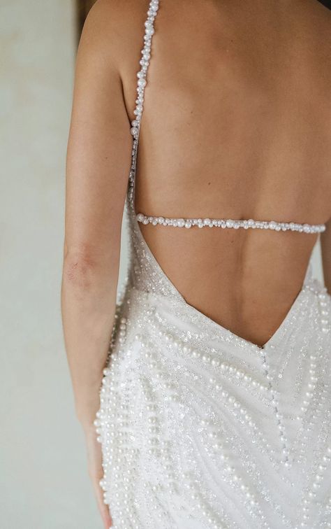 Style-Ahead Pearl Match-and-Flare Wedding ceremony Gown with Spaghetti Straps - LE1313- #dress #Fashionforward #FitandFlare #LE1313 #Pearl #Spaghetti #Straps #Wedding Check more at https://howcandothis.com/weddingideas/style-ahead-pearl-match-and-flare-wedding-ceremony-gown-with-spaghetti-straps-le1313/ Open Back Wedding Dress With Pearls, Pearl Strap Dress Wedding, Pearl Dress Straps, Sleek Pearl Wedding Dress, Pearl Spaghetti Strap Wedding Dress, Fit And Flare, Spaghetti Strap, Spaghetti, Wedding Ceremony