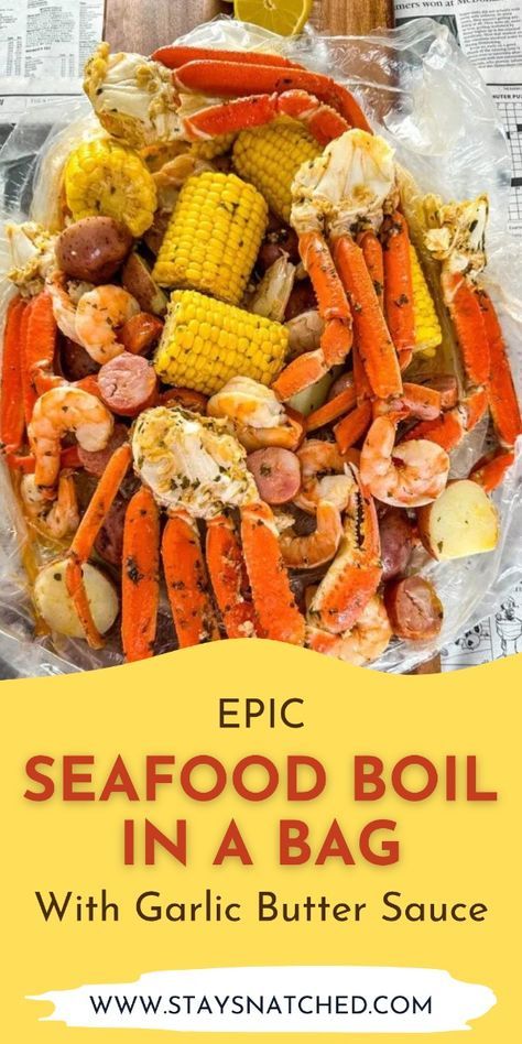 This epic seafood boil in a bag with garlic butter sauce is  is packed with shrimp, crab, sausage, and more. This seafood boil is something you would order at a fancy restaurant, but you can make it at home. This dish brings all the delicious flavors of a traditional boil with the convenience of a cooking bag. Best Seafood Boil Recipes In Bag, Seafood In A Bag Recipes, Crab Bake Party Seafood Boil, Oven Crab Boil, Instant Pot Seafood Boil, Crab Boil In A Bag Recipe, Seafood Boil Bag Recipes, Seafood Boil Recipes In A Bag, Seafood Boil In Oven