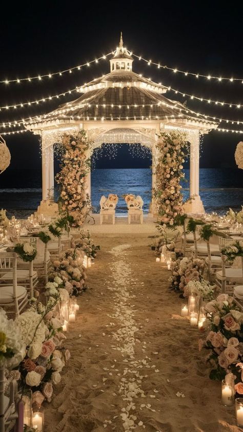 15 Beach Wedding Ideas Perfect for Your Big Day | Beach Wedding Inspo Wedding Venue Isle, Beach Wedding Night Time, Fairytale Beach Wedding, Simple Wedding Venue Ideas, Dream Wedding Beach, Beach Proposal Setup, Beach Inspired Wedding, Ocean Wedding Theme, Small Beach Weddings