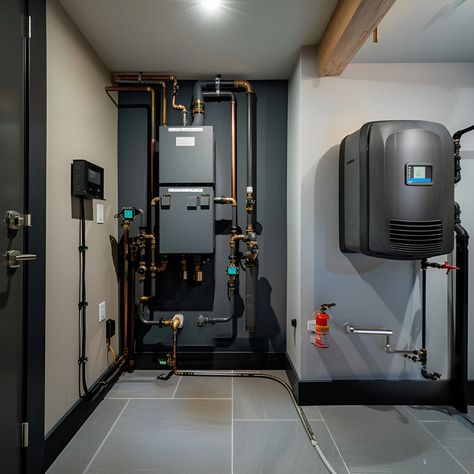 Explore this modern boiler room featuring a high-end central heating system with sleek grey walls and floor tiles. Central to the space are large black oil tanks and a wall-mounted boiler connected by copper pipes. The minimalist design includes a control panel with tiny red levers and an air-mounted network box with a display screen, highlighted by bright overhead lighting for a clean, industrial vibe. Electrical Room Design, Boiler Cover Ideas, Industrial Basement, Industrial Bedroom Design, Copper Pipes, Mechanical Room, House Heating, Boiler Room, Mansion Designs