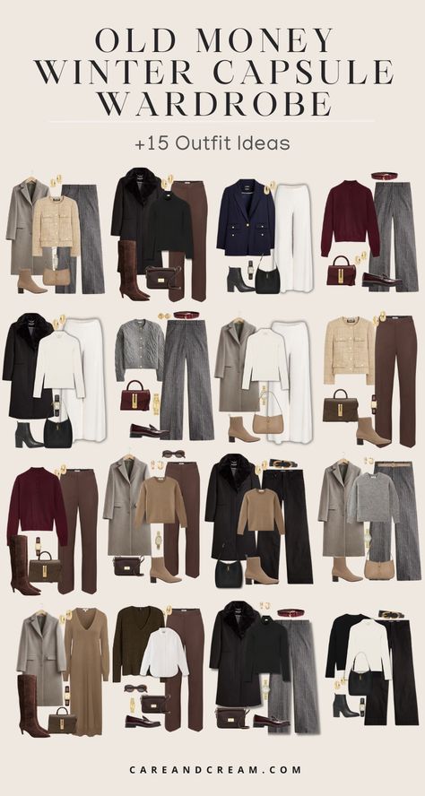 Old money winter capsule wardrobe guide, featuring all the must-have old money winter wardrobe essentials, along with 15 classy winter outfits. Be inspired by old money winter outfits for women to elevate your aesthetic. Get winter outfit inspiration to create your unique style. Winter basics wardrobe, women’s fashion outfits winter. Must Have Items For Women Fashion, Old Fashion Winter Outfits, Winter Outfit 2025 Women, Winter Old Money Outfit Women, Clothes Winter Aesthetic, Classic Outfits For Women Winter, Old Money Winter Women, Old Money Style For Winter, Old Money Outfit For Women