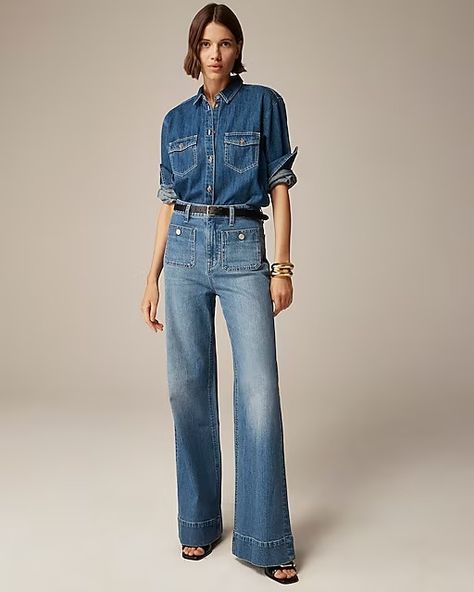 Search: Wide Leg Jean | J.Crew Denim And Diamonds, Stylish Winter Outfits, J Crew Style, Denim Chic, Denim Trousers, Engineered Garments, Wide Leg Denim, Denim Outfit, Fall Winter Outfits