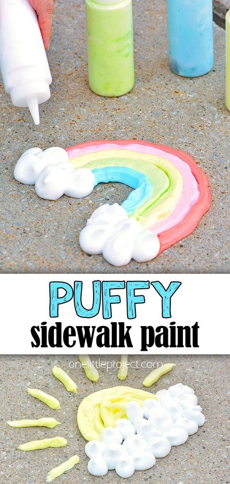 This puffy sidewalk paint is SO FUN to paint with and so easy to make! It's such a great outdoor craft for summer, and kids will love mixing their own paint and drawing outside. In less than 10 minutes you can make your own washable sidewalk foam paint using 3 simple ingredients. Such a fun kids craft for summer! Outdoor Kids Crafts Summer, Kids Outdoor Crafts Diy Projects, Sidewalk Puffy Paint Recipe, Foam Chalk Paint, Shaving Cream Painting Toddlers, Summertime Toddler Crafts, Diy Summer Fun For Kids, Summer Break Crafts For Kids, Diy Chalk Paint For Kids