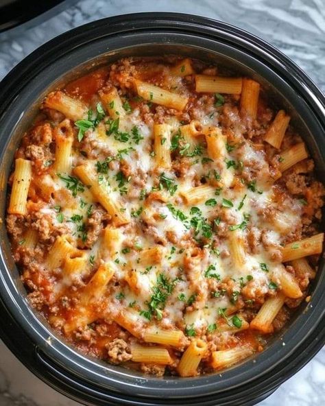 Ina Garten Recipes 🍟🥣🍔🍕 | In our house, we call it 'Lazy Day Ziti.' It’s so good, no one would guess how effortless it is | Facebook Crockpot Ziti, Crock Pot Ziti, Slow Cooker Baked Ziti, Mini Crockpot Recipes, Slow Cooker Kitchen, Crockpot Pasta Recipes, Slow Cooker Baking, Crockpot Pasta, Ziti Recipe