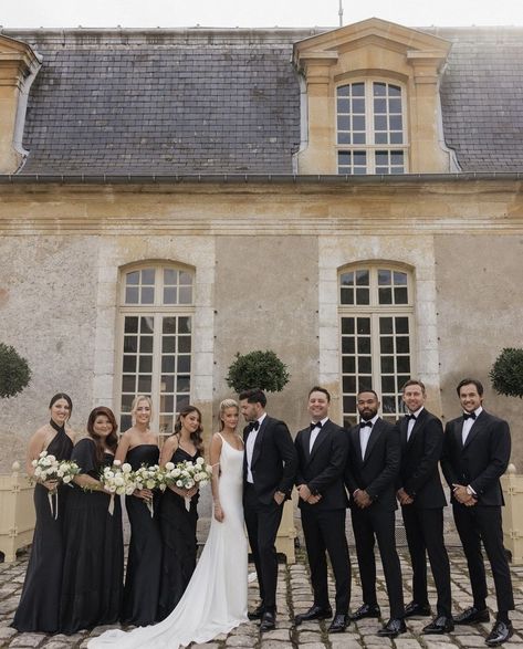 black bridesmaid dresses and black for groomsmen Hannah Godwin, Black And White Wedding Theme, White Wedding Theme, European Wedding, France Wedding, Wedding Bridal Party, Black Bridesmaid Dresses, Bridesmaids And Groomsmen, Wedding Mood