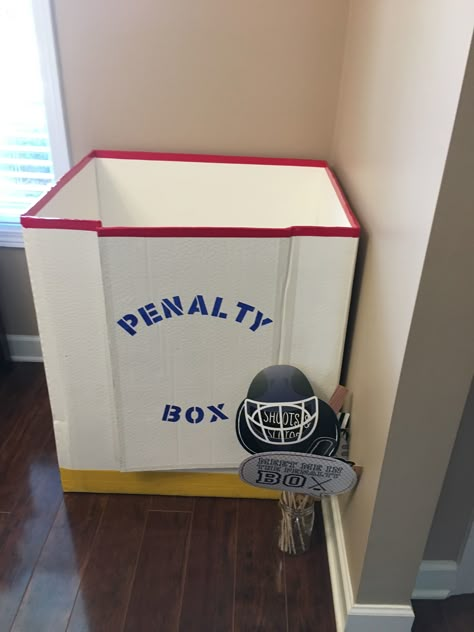 Made this penalty box photo booth for my Daughters hockey themed birthday party Penalty Box Hockey, Sports Theme Birthday Party Games, Hockey Penalty Box Diy, Hat Trick Birthday, Girls Hockey Birthday Party, Street Hockey Birthday Party, Nhl Birthday Party, Hat Trick Hockey Birthday, Hockey Trunk Or Treat Ideas