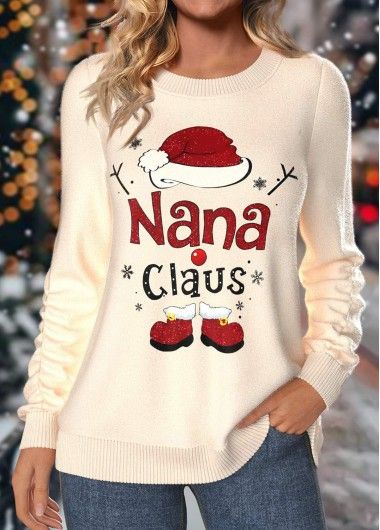 Christmas Raw White Long Sleeve Round Neck Sweatshirt | modlily.com - USD 34.98 Christmas Apparel Ideas, Christmas Clothes For Women, Short Gel Nails Ideas, Grandma Shirt Ideas, Funny Christmas Sweatshirts, Christmas Sweatshirt Ideas, Santa Quotes, Christmas Tree Hoodie, Christmas Sweaters For Women