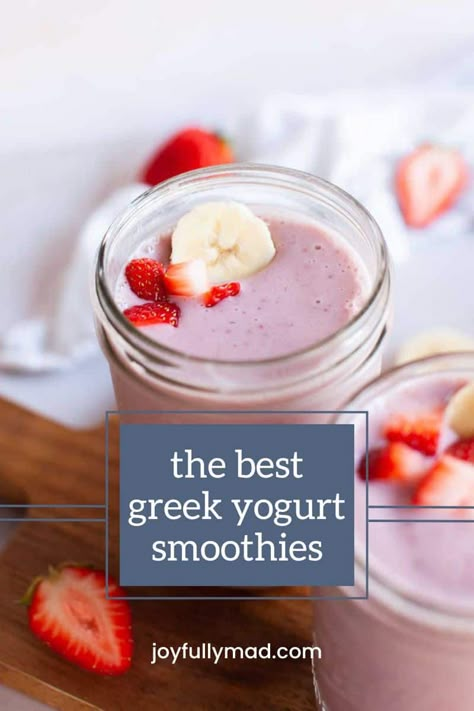 Start your morning with these Greek Yogurt Smoothie Recipes you need to try ASAP! There are so many flavors that you can experiment with. Greek yogurt smoothies can be healthy AND delicious! Smoothie Recipes Healthy With Yogurt, Easy Fruit Smoothies With Yogurt, Smoothies Using Greek Yogurt, Plain Yogurt Smoothie Recipes, Easy Smoothie Recipes With Yogurt, Smoothie Recipes With Yogurt And Frozen Fruit, Easy Healthy Smoothies 3 Ingredients, Breakfast Smoothie With Yogurt, Yogurt Fruit Smoothie Recipes