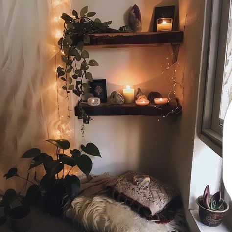 Shelf Altar Ideas, Spiritual Bedroom Aesthetic, Crystal Altar Sacred Space, Small Meditation Space, Silversmith Studio, Shelf For Crystals, Spiritual Bedroom, Shelf Altar, Spiritual Corner