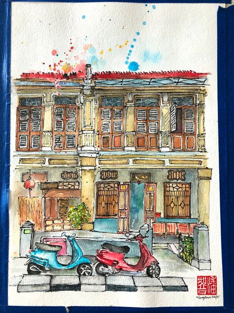 Malaysia Street, Intro To Art, Sketches Watercolor, House Watercolor, Heritage Building, Travel Art Journal, Art Assignments, Asian Architecture, Bath Tea