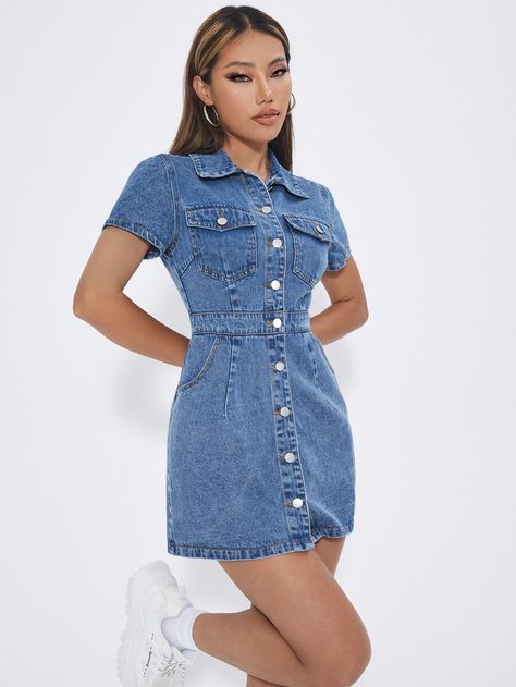 Short Denim Dress Outfit Summer, Denim Button Down Dress, Denim Dress Accessories, Blue Jean Dress Outfit Summer, Mini Jean Dress, Denim Dress With Sleeves, Button Up Denim Dress, Cute Denim Dress, Casual Cute Outfits Summer Simple