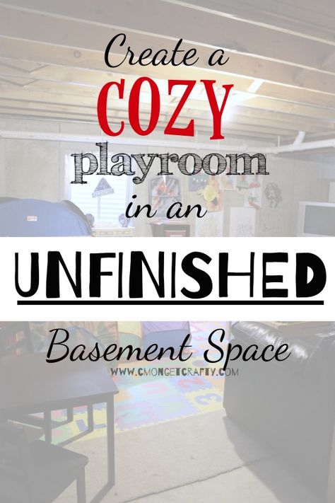 unfinished+basement+ideas+http://cmongetcrafty.com/unfinished-basement-ideas/ Cozy Playroom, Unfinished Basement Playroom, Basement Play Area, Unfinished Basement Ideas, Grandkids Room, Basement Playroom, Kids Basement, Man Cave Basement, Diy Basement