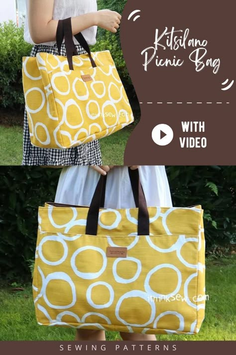 Kitsilano Picnic Bag sewing pattern (with video). This is a versatile and boxy tote bag to sew for picnicking and more! It has large and convenient pockets. It has lots of other uses, like for mothers it would make a great diaper bag sewing pattern or you could even take it to the beach as a beach bag. SewModernBags Beach Bag Patterns Free Sewing, Beach Bag Diy Pattern, Picnic Bag Pattern, How To Make A Beach Bag, Easy Beach Bags To Sew, Picnic Bag Ideas, Sewing Machine Bag Pattern Free, Picnic Bag Diy, Large Bag Sewing Pattern