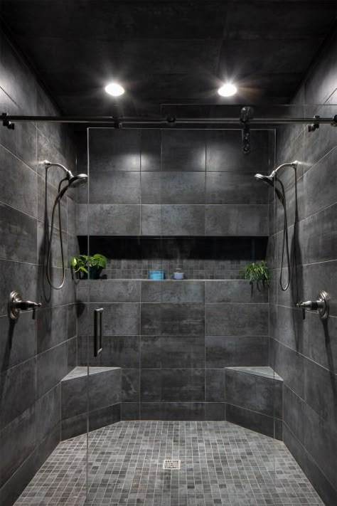 Why Black Shower Floor Tile Is the Hottest Trend in Bathroom Design? | Country Floors of America LLC. Tile Shower And Bathroom Floor, Full Shower Tile Ideas, Black Stone Shower Wall, Dark Shower Ideas Bathroom, Bathroom Remodel Gray Tile, Black Bathtub Shower Combo, Unique Tile Shower Ideas, Black Master Shower Ideas, Grey Bathroom Shower Ideas