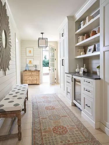 Shiplap Hallway, Transitional Laundry Room, Shiplap Paneling, Aqua Walls, Pantry Laundry, Pantry Remodel, Mud Rooms, 1930s House, Shiplap Accent Wall