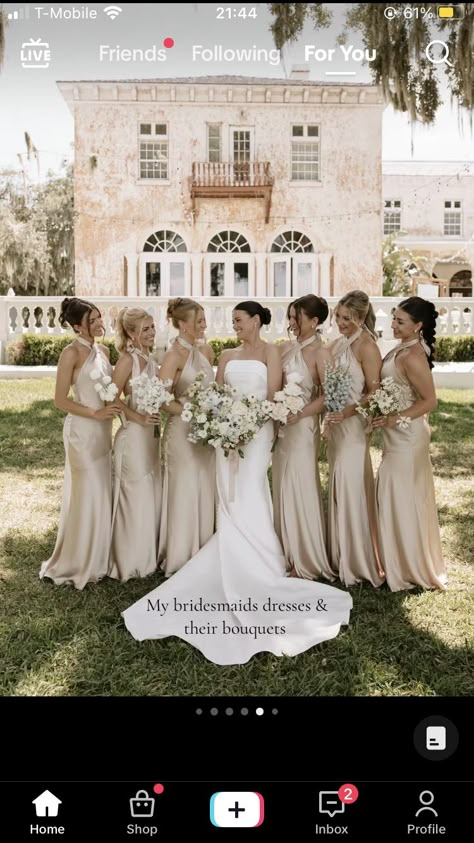 Neutral Shades Bridesmaid Dresses, Wedding Color Schemes With Champagne, Timeless Bridesmaid Dress Color, Prep Dress For Wedding, French Wedding Bridesmaid, Neutral Wedding Pallet, Neutral Romantic Wedding, Champagne Aesthetic Wedding, Bridal Party Black Suits