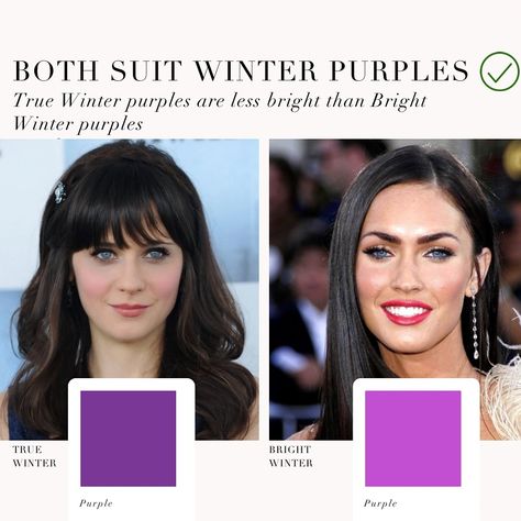 Colour analysis comparison, True Winter VS Bright Winter 🖤 . #coloranalysis #colouranalysis #coloranalyst #winterpalette #zooeydeschanel #meganfox Cool Winter Vs Bright Winter, True Winter Vs Bright Winter, Cool Winter Color Analysis, Bright Winter Color Palette Outfits, True Winter Outfits, Bright Winter Color Palette, Winter Color Analysis, True Winter Palette, Bright Winter Outfits