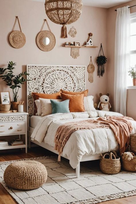 Bring instant charm to your little girl's room with these adorable Boho-style bedroom ideas! From cozy canopies to whimsical textiles, these 20 designs are sure to create a magical and inviting space. Transform her bedroom into a dreamy sanctuary today! Girls Boho Bedroom Ideas, Boho Room Ideas Bedroom, Bedroom Inspirations Boho Chic, Vibe Bedroom Ideas, Boho Girls Bedroom, Boho Teen Bedroom, Boho Chic Bedroom Decor, Girls Boho Bedroom, Boho Girls Room