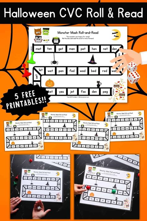 Halloween CVC Roll & Read Games - 5 FREE Printables Word Families Free, Cvc Games, Syllable Types, Cvc Words Worksheets, Cvc Word Families, Printable Board Games, Free Printable Games, Spelling Worksheets, Magic E