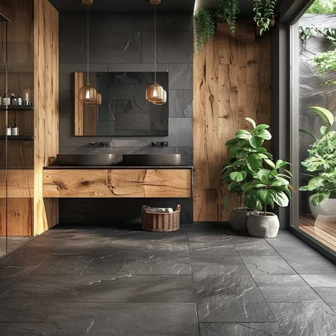 10+ Bold Black Bathroom Flooring Ideas for a Striking Look • 333k+ Inspiring Lifestyle Ideas & Images Black Slate Shower Wall, Cabin Bathroom Modern, Wood Plank Bathroom Floor, Cascade Ridge Slate Tile Bathroom, Black And Stone Bathroom, Black Tile Powder Room Floor, Black Stone Floor Bathroom, Black Travertine Bathroom, Basalt Flooring Interior