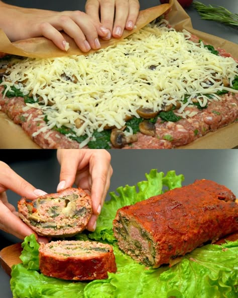 This Stuffed Minced Meat Roll combines the richness of seasoned minced meat, the earthy flavors of spinach and mushrooms, and the creamy goodness of mozzarella. Wrapped in foil and baked, this flavorful roll is brushed with a savory glaze of soy sauce, tomato paste, mustard, and honey for a delicious caramelized finish. Served with a fresh tomato and cucumber walnut blend, this recipe is a complete, satisfying meal that’s perfect for gatherings or a hearty family dinner. Preparation Time Total T Meat Wraps Roll Ups, Meat Rolls Stuffed, Ground Beef Roll, Meat Roll Ups, Meatloaf Roll, Mozzarella Stuffed Meatloaf, Stuffed Mashed Potatoes, Stuffed Meat, Baked Cauliflower Bites