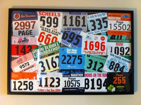 15 Things To Do With Your Old Race Bibs and Medals Running Bib Display, Race Bib Display, Bib Display, Bib Ideas, Race Medal Displays, Running Bibs, Running Medal Display, Medal Displays, Race Medals