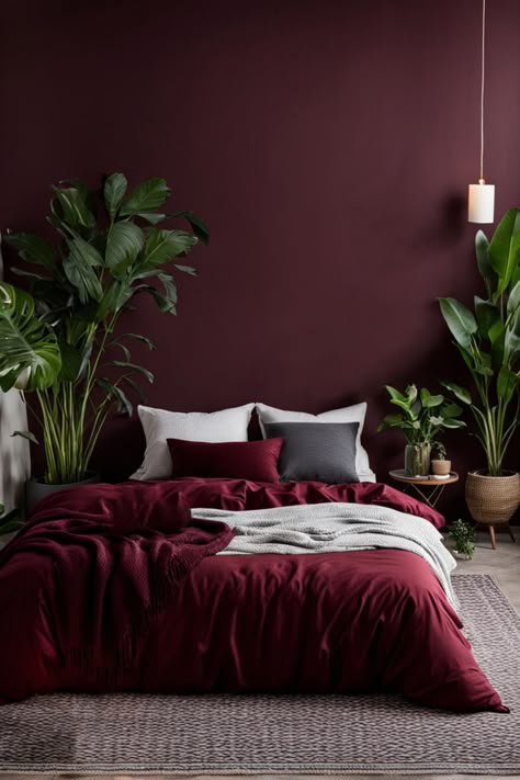 Ready to create a peaceful and inviting space in your bedroom? Get inspired by our collection of 45+ bedroom color palettes From soft and serene to bold and bright, we've got the perfect colors to match your style and create a cozy retreat that's all your own. #PeacefulSpace #BedroomColorPalettes #MakeoverInspiration #ColorInspiration Deep Red Bedroom Walls, Plum Master Bedrooms Decor, Berry Bedroom Ideas, Plum Wall Color Master Bedrooms, Black And Burgundy Bedroom Ideas, Deep Color Bedroom, Berry Wall Color, Bedding Combinations Color Schemes, Maroon And Blue Bedroom