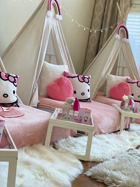 Hello Kitty Themed Sleepover, Hello Kitty Slumber Party Ideas, Sanrio Sleepover Ideas, Hello Kitty Sleepover Party, Birthday Sleepover Ideas 11th, Hello Kitty Sleepover Ideas, Hello Kitty Slumber Party, Sleepover Tents Diy Slumber Parties, Tents For Sleepovers