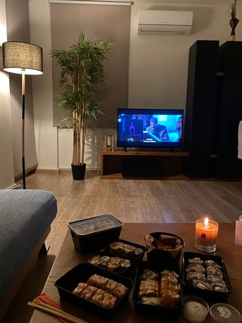 sushi night at home Sushi Date Night At Home Aesthetic, Sushi Night At Home Aesthetic, Sushi Date At Home, Sushi Movie Night, Sushi At Home Aesthetic, Movie Night Aesthetic At Home, Date Night Food At Home, Movie At Home Aesthetic, Sushi Date Night At Home