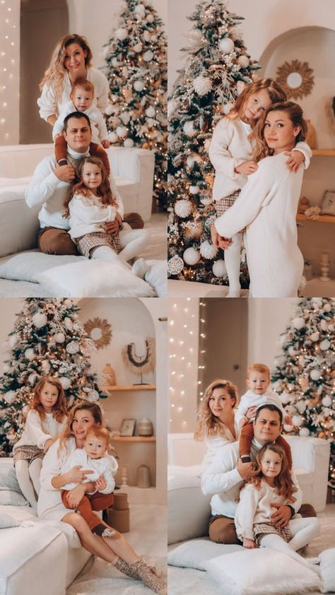 Christmas Photo Family Ideas, Christmas Pictures Family Indoor, Family Christmas Photos Indoor, Light And Airy Christmas Photos, White Christmas Pictures Family Photos, Family Christmas Pictures Home, Christmas Photos Pajamas, Family Christmas Photography, Neutral Family Christmas Pictures