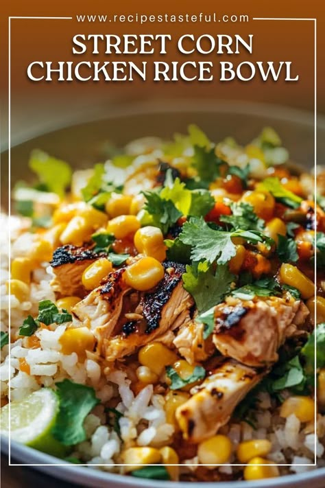 This street corn chicken rice bowl is packed with bold flavors and textures. It features tender, seasoned chicken, zesty Mexican street corn, and a bed of fluffy rice, all topped with a creamy, spiced dressing. Perfect for a hearty lunch or dinner that brings the flavors of Mexican street corn to a filling bowl. Mexican Bowl Recipe, Chicken Bowl Meal Prep, Chicken Bowls Healthy, Street Corn Chicken, Rice Bowls Healthy, Chicken Rice Bowl, Mexican Chicken And Rice, Chicken Bowl Recipe, Corn Chicken