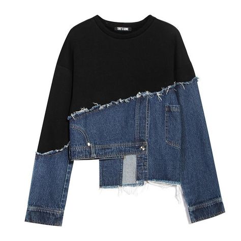 e6d8545daa42d5ced125a4bf747b3688desc45224908ri Asymmetrical Sweatshirt, Ropa Upcycling, Casual Outwear, Patchwork Denim, Denim Patchwork, Fleece Sweater, Loose Tops, Denim Jackets, Looks Vintage