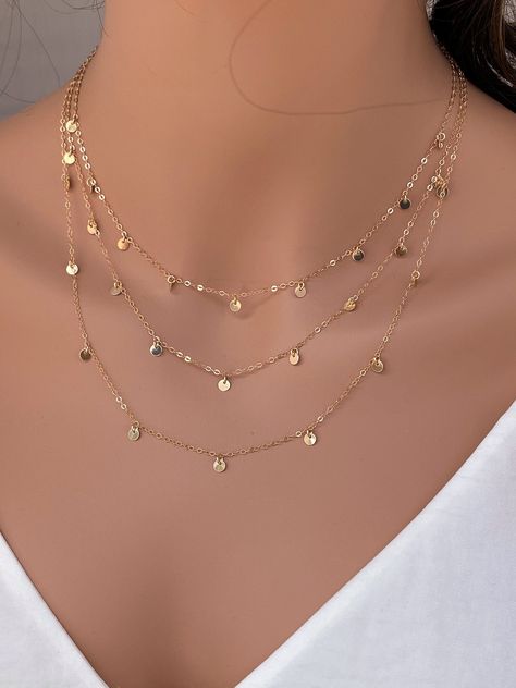 Celebrity Necklace, Three Necklaces, South San Francisco, Gold Coin Necklace, Necklace Layered, Layered Necklace Set, Layered Chains, Gold Dots, Chain Extenders