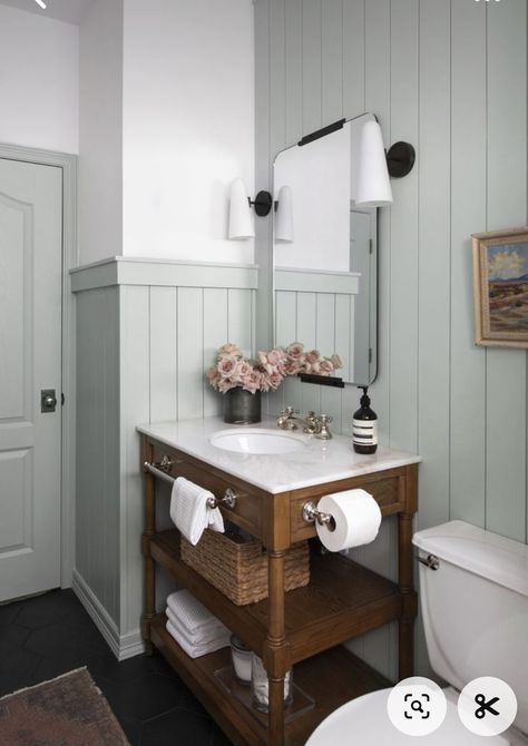 Bathroom Ideas With Paneling, Beadboard Bathroom Height, Beadboard Paneling Bathroom, Panelling In Bathroom Wall, Cottage Wall Paneling Ideas, Powder Room With Paneling, White Panelling Bathroom, Bathroom Remodel Paneling, Bathroom With Wall Paneling