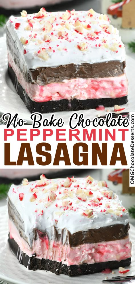 Chocolate Peppermint Lasagna is super easy no-bake Christmas dessert recipe that can be thrown together in 20 minutes and kept in the fridge until ready to use. This chocolate peppermint dessert looks like a winter wonderland and it’s great for serving at holiday dinner, bringing to a potluck, get-together, or party. via @https://www.pinterest.com/omgchocodessets/ No Bake Christmas Lush, Peppermint Lush Dessert, Candy Cane Lush Dessert, Dessert Lasagna Recipes, Sweet Lasagna, Christmas Lasagna Dessert, No Bake Christmas Desserts, Dessert Lasagnas, Thanksgiving Desert