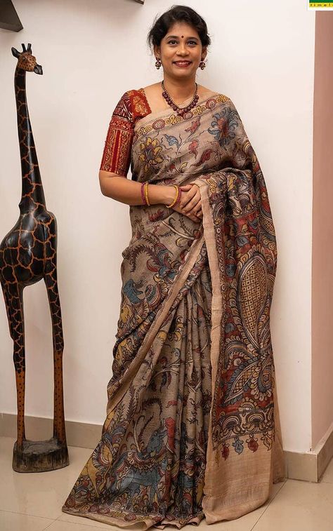 Kalamkari Tussar Silk Saree, Pen Kalamkari Saree Blouse Designs, Blouse Designs For Kalamkari Saree, Blouses For Kalamkari Sarees, Kanchi Kalamkari Pattu Sarees, Tusser Silk Saree With Price, Pen Kalamkari Dresses, Tussar Saree Blouse Designs, Pen Kalamkari Blouses